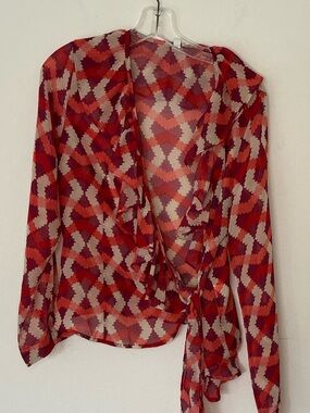 LAPIS Red Pink Abstract Sheer Blouse Tie Front Ruffle Top Boho